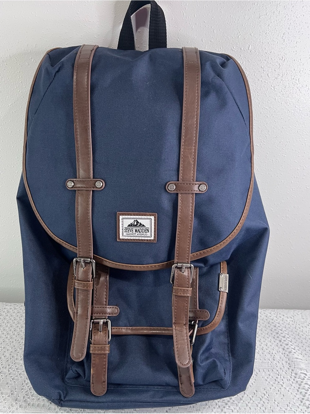 Steve Madden Navy Canvas Backpack with Brown Trim